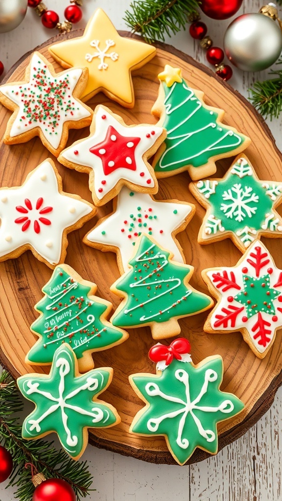 Decorated Christmas sugar cookies in festive shapes with colorful icing and sprinkles on a wooden platter.
